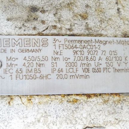 Siemens Permanent Magnet Motor Servomotor 1FT5064-0AC01-2 2000min-1 - Maranos.de