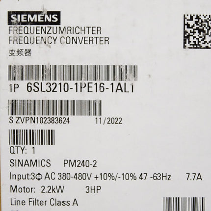Siemens Sinamics Frequenzumrichter 2.2kW 6SL3210-1PE16-1AL1 / Neu OVP versiegelt - Maranos.de