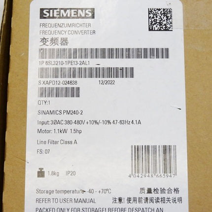 Siemens Sinamics Frequenzumrichter 1.1kW 6SL3210-1PE13-2AL1 / Neu OVP - Maranos.de