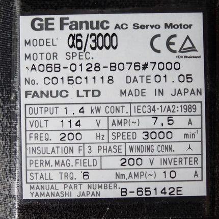 Fanuc Servomotor MDL A6/3000 A06B-0128-B076 #7000 1.4kW 3000 min-1 - Maranos.de