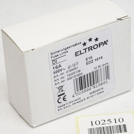 Eltropa Sicherungseinsätze 4188091 DI 16A 500V gL/gG E16 EDZ 1616 Inhalt:10 Stück / Neu OVP - Maranos.de