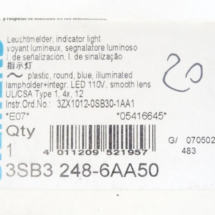 Siemens Leuchtmelder blau 3SB3248-6AA50 mit 3SB3400-1QD / Neu OVP - Maranos.de