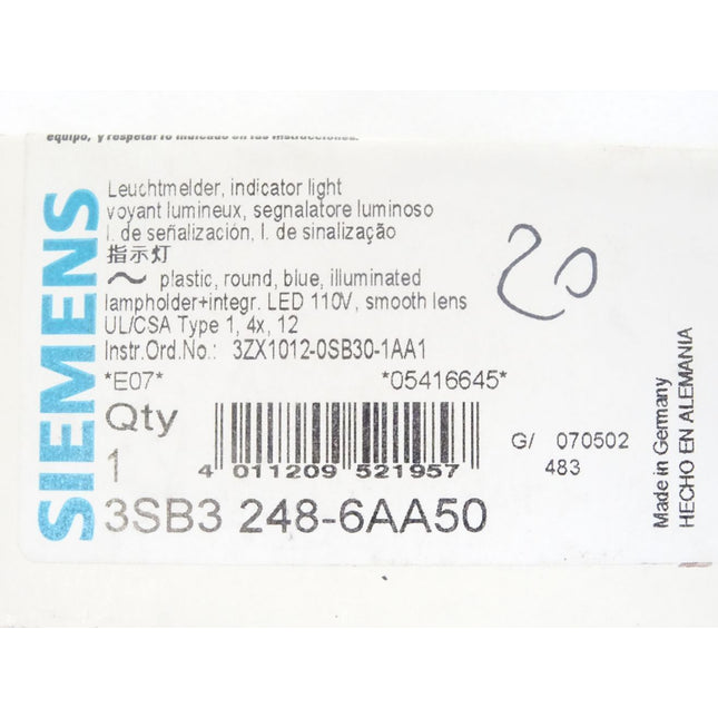 Siemens Leuchtmelder blau 3SB3248-6AA50 mit 3SB3400-1QD / Neu OVP - Maranos.de