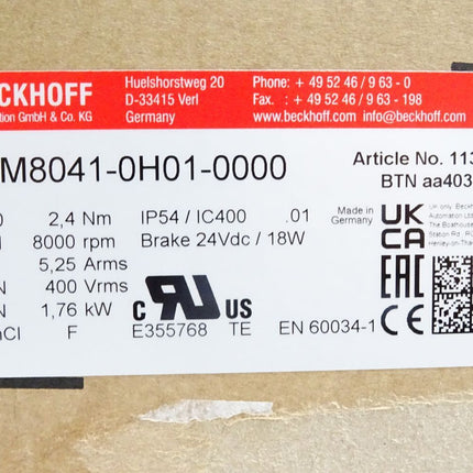 Beckhoff Servomotor 8000rpm AM8041-0H01-0000 / Neu OVP - Maranos.de
