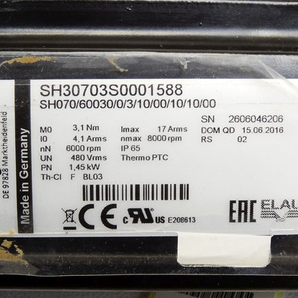 Schneider Electric Servomotor SH30703S0001588 SH3 070 SH070/60030/0/3/10/00/10/10/00 6000-8000rpm 1.45kW - Maranos.de