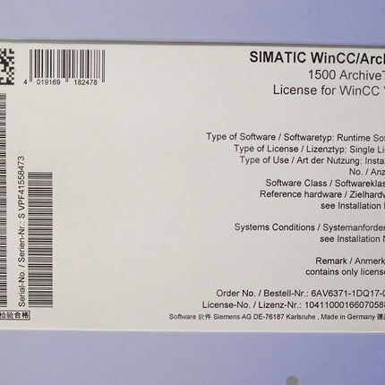 Siemens 6AV6371-1DQ17-0AX0 6AV6 371-1DQ17-0AX0 Simatic WinCC Archive (mit License Key) / Neu OVP - Maranos.de