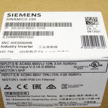 Siemens Sinamics V20 6SL3210-5BE21-1UV0 6SL3 210-5BE21-1UV0 / Neu OVP versiegelt - Maranos.de
