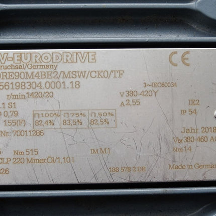 SEW Eurodrive Getriebemotor R67 DRE90M4BE2/MSW/CK0/TF R67DRE90M4BE2/MSW/CK0/TF 1420/20r/min 1.1kW i69.75 Unbenutzt - Maranos.de