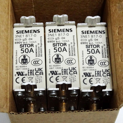 Siemens Sicherungseinsatz 3NE1817-0 Sitor NH000 50A gS 690V / Inhalt : 3 Stück / Neu OVP - Maranos.de