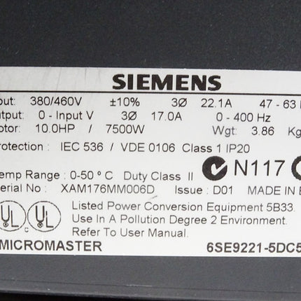 Siemens Micromaster 6SE9221-5DC50 7.5kW / Unbenutzt - Maranos.de