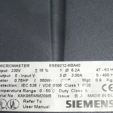 Siemens Micromaster 6SE9212-8BA40 0.75HP 550W - Maranos.de