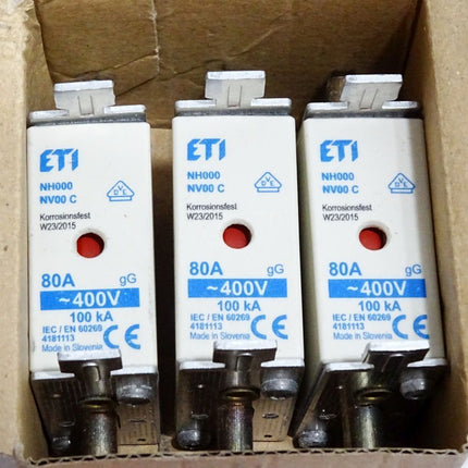 ETI Sicherungseinsätze NV00C 80A 400VAC 004181130 / Inhalt:3 Stück / Neu OVP - Maranos.de