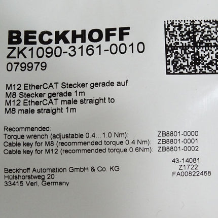 Beckhoff ZK1090-3161-0010 EtherCAT-Leitung 1m / Neu OVP - Maranos.de