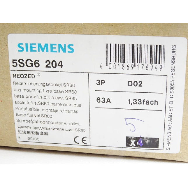 Siemens 5SG6204 Neozed Reitersicherungssockel SR60 63A / Inhalt : 5 Stück / Neu - Maranos.de