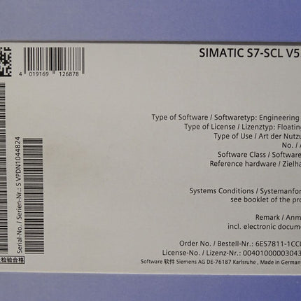 Siemens 6ES7811-1CC05-0YA5 6ES7 811-1CC05-0YA5 S7-SCL V5.3 (mit License Key) / Neu OVP - Maranos.de