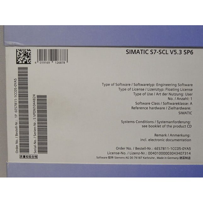 Siemens 6ES7811-1CC05-0YA5 6ES7 811-1CC05-0YA5 S7-SCL V5.3 (mit License Key) / Neu OVP - Maranos.de