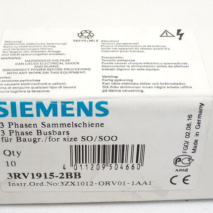 Siemens 3-Phasen Sammelschiene / 3RV1915-2BB /  Inhalt : 10 Stück / Neu OVP - Maranos.de