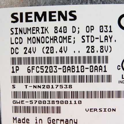 Siemens Sinumerik 840D Flachbedientafel OP031 Panel 6FC5203-0AB10-0AA1 Version A / Neuwertig - Maranos.de