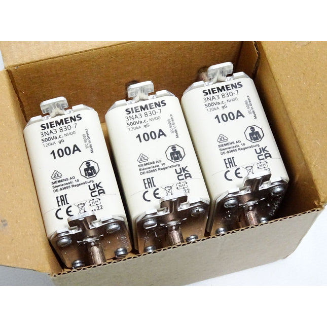 Siemens Sicherungseinsatz 3NA3830-7 NH00 100A gG 500V / Inhalt:3 Stück / Neu OVP - Maranos.de