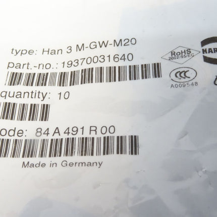 Harting Han 3 M-GW-M20 / 19370031640 / Inhalt : 10 Stück / Neu OVP versiegelt - Maranos.de