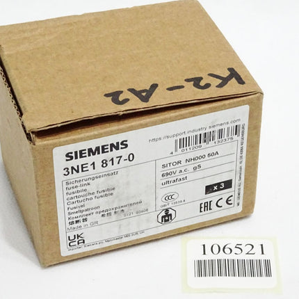 Siemens Sicherungseinsatz 3NE1817-0 Sitor NH000 50A gS 690V / Inhalt : 3 Stück / Neu OVP - Maranos.de