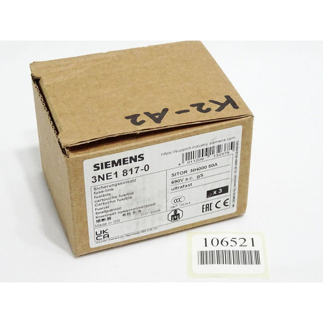 Siemens Sicherungseinsatz 3NE1817-0 Sitor NH000 50A gS 690V / Inhalt : 3 Stück / Neu OVP - Maranos.de