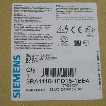 Siemens 3RA1110-1FD15-1BB4 / 3RA1 110-1FD15-1BB4 Starterkombination NEU/OVP - Maranos.de
