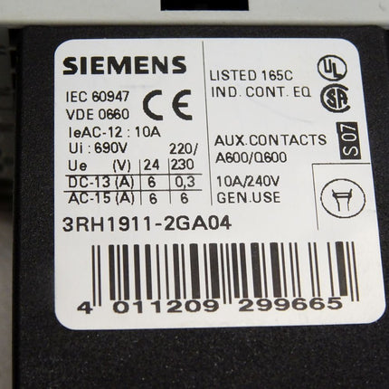 Siemens Hilfsschütz 3RH1140-2BB40 + 3RH1911-2GA04 - Maranos.de