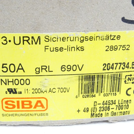 SIBA Sicherungen Fuses NH000 3URM Sicherungseinsätze 289752 50A gRL 690V 2047734.50 / Inhalt : 3 Stück / Neu OVP - Maranos.de