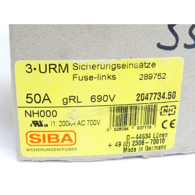 SIBA Sicherungen Fuses NH000 3URM Sicherungseinsätze 289752 50A gRL 690V 2047734.50 / Inhalt : 3 Stück / Neu OVP - Maranos.de
