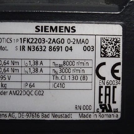 Siemens Simotics 1FK2203-2AG00-2MA0 Servomotor 3000 U/min - Maranos.de