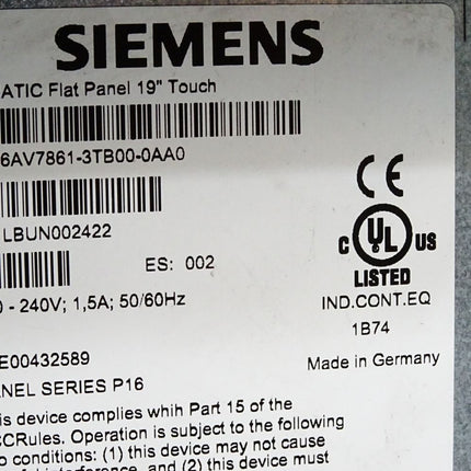 Siemens Flat Panel 19" 6AV7861-3TB00-0AA0 6AV7 861-3TB00-0AA0 Erneuert - Maranos.de