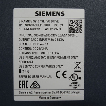 Siemens Sinamics S210 6SL3210-5HE11-0UF0 1.0kW / Neuwertig - Maranos.de