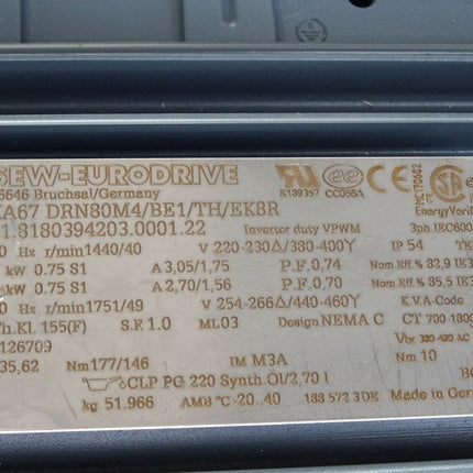 SEW Eurodrive Getriebemotor KA67 DRN80M4/BE1/TH/EK8R 01.8180394203.0001.22 1440/40r/min 0.75kW i 35,62 / Neuwertig - Maranos.de
