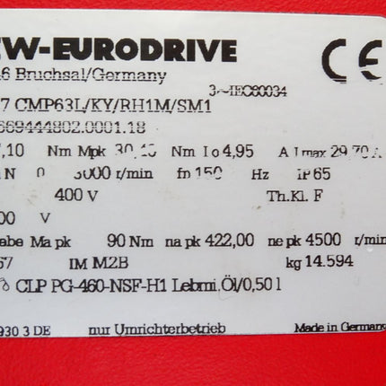 SEW Eurodrive Getriebemotor WF37 CMP63L/KY/RH1M/SM1 01.766944802.0001.18 3000r/min i10,67 - Maranos.de
