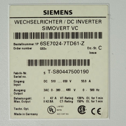 Siemens Simovert Wechselrichter 6SE7024-7TD61-Z mit Optionskarte G93 6SE7090-0XX84-0AB0 + 6SE7090-0XX84-0FF5 - Maranos.de