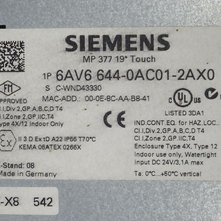 Siemens 6AV6644-0AC01-2AX0 MP 377 Touch Panel 6AV6 644-0AC01-2AX0 MP377 19" - Maranos.de
