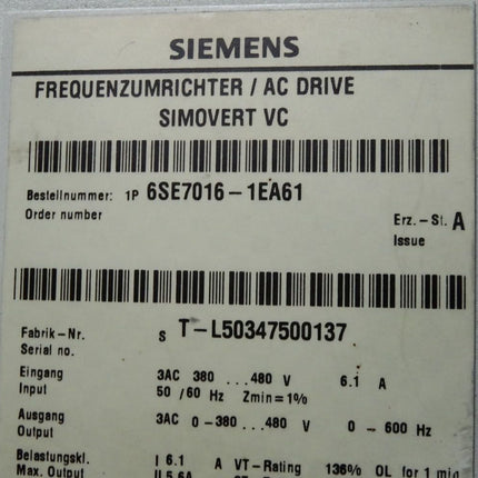 Siemens Frequenzumrichter Simovert MC 6SE7016-1EA61 Masterdrives Motion Control Ohne Optionskarte - Maranos.de
