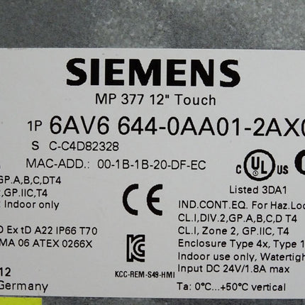 Siemens MP377 12" Touch Panel 6AV6644-0AA01-2AX0 6AV6 644-0AA01-2AX0 - Maranos.de