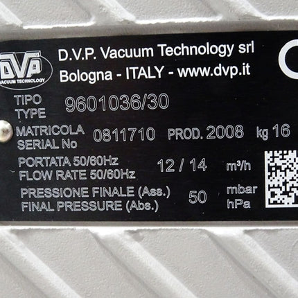 D.V.P. DVP Vakuumpumpe 9601036/30 12/14m3/h 50mbar hPa Einphasenmotor ICME M71B2 149350 2820/3390min-1 - Maranos.de