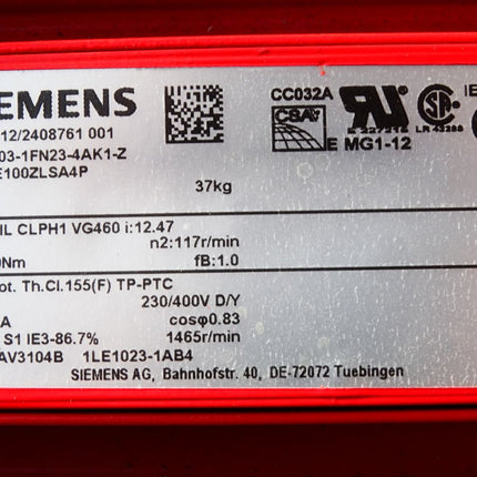 Siemens Getriebemotor 1AV3104B 1LE1023-1AB4 2KJ3103-1FN23-4AK1-Z Z39-LE100ZLSA4P 2.2kW 1465r/min - Maranos.de