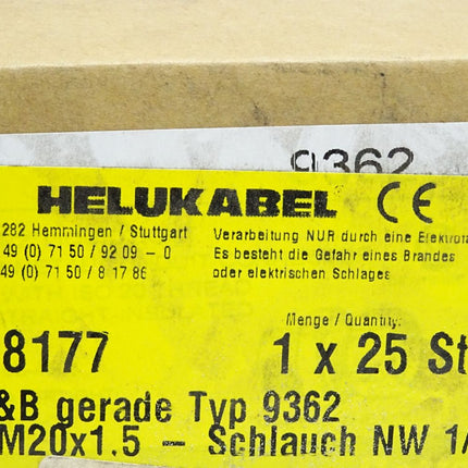 Helukabel 98177 T&B gerade Typ 9362 M20x1.5 Schlauch NW1/2" / Inhalt : 25 Stück / Neu - Maranos.de