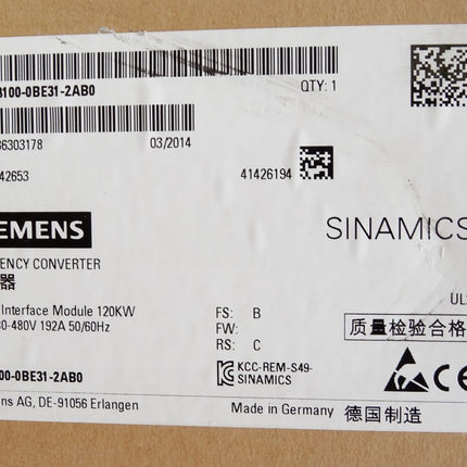 Siemens Sinamics Frequenzumrichter 120kW 6SL3100-0BE31-2AB0 / Neu OVP - Maranos.de
