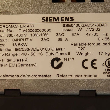 Siemens Micromaster 430 6SE6430-2AD31-8DA0 18.5kW - Maranos.de