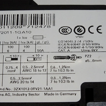 Siemens 3RV2011-1GA10 Leistungsschalter / Unbenutzt - Maranos.de
