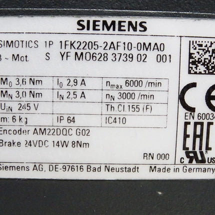 Siemens Simotics Servomotor 1FK2205-2AF10-0MA0 6000min-1 / Neu - Maranos.de