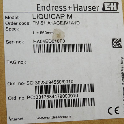 Endress+Hauser LIQUICAP M FMI51-A1AGEJV1A1D 660mm Kapazitive Füllstandsmessung / Neu OVP - Maranos.de