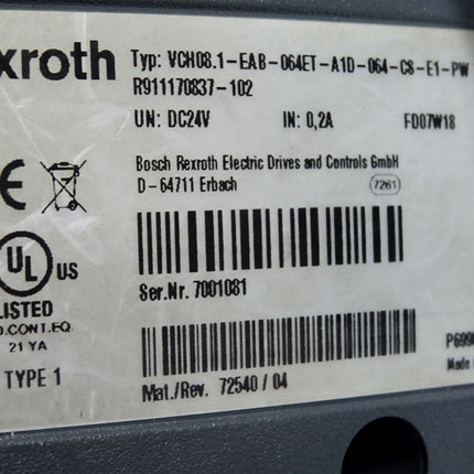 Rexroth IndraControl VCH 08 VCH08.1-EAB-064ET-A1D-064-CS-E1-PW R911170837-102 - Maranos.de