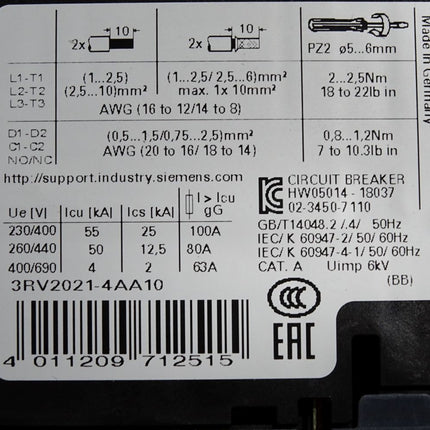 Siemens Leistungsschalter 3RV2021-4AA10 / Neuwertig - Maranos.de