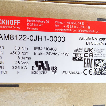 Beckhoff Servomotor AM8122-0JH1-0000 4500 rpm / Neu OVP - Maranos.de